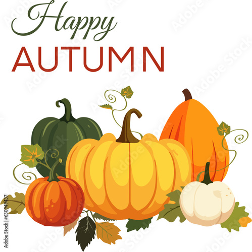 Vector illustration of pumpking pile with leaves on white backgtound. Happy autumn text