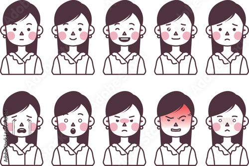 This is an illustration of a woman with long hair and pearl earrings expressing various emotions.