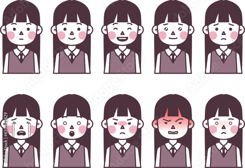 This is an illustration of a schoolgirl in uniform expressing various emotions.