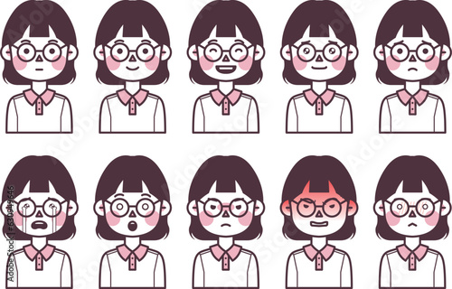 This is an illustration of a woman wearing glasses with an okappa head expressing various emotions.
