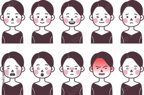 This is an illustration of a woman with a short cut expressing various emotions.