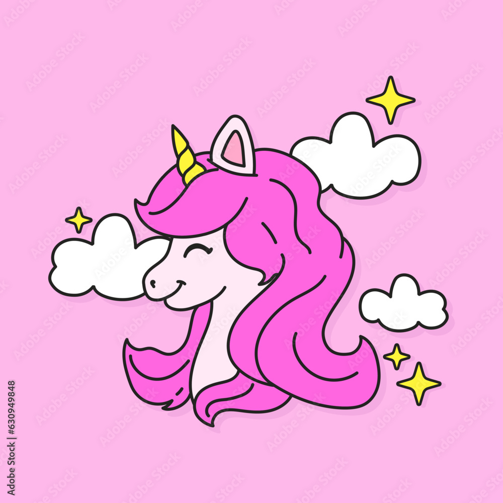 VECTOR ILLUSTRATION OF A HAPPY AND CUTE UNICORN WITH STARS AND CLOUDS, SLOGAN PRINT VECTOR