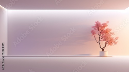 White wall for mockup, with neon lighting and an orange tree in a cylindrical pot. AI Generation 