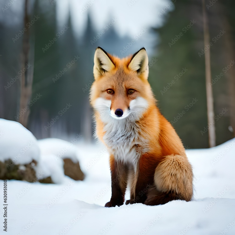 Cute fox with snow outdoors by generative AI Cute fox with snow outdoors by generative AI