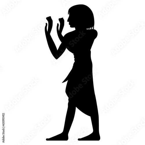 Standing praying ancient Egyptian man. Ethnic design. Black silhouette on white background.