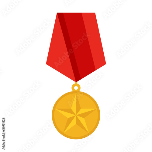 Military round medal with star vector illustration. Cartoon drawing of gold medallion with red ribbon isolated on white background. Reward, army, achievement concept