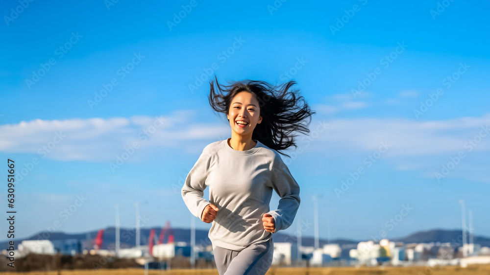 Young woman running outdoor, healthy lifestyle, and sport concepts. Fit young woman with sportswear running and enjoying a healthy outdoor. Generative AI.