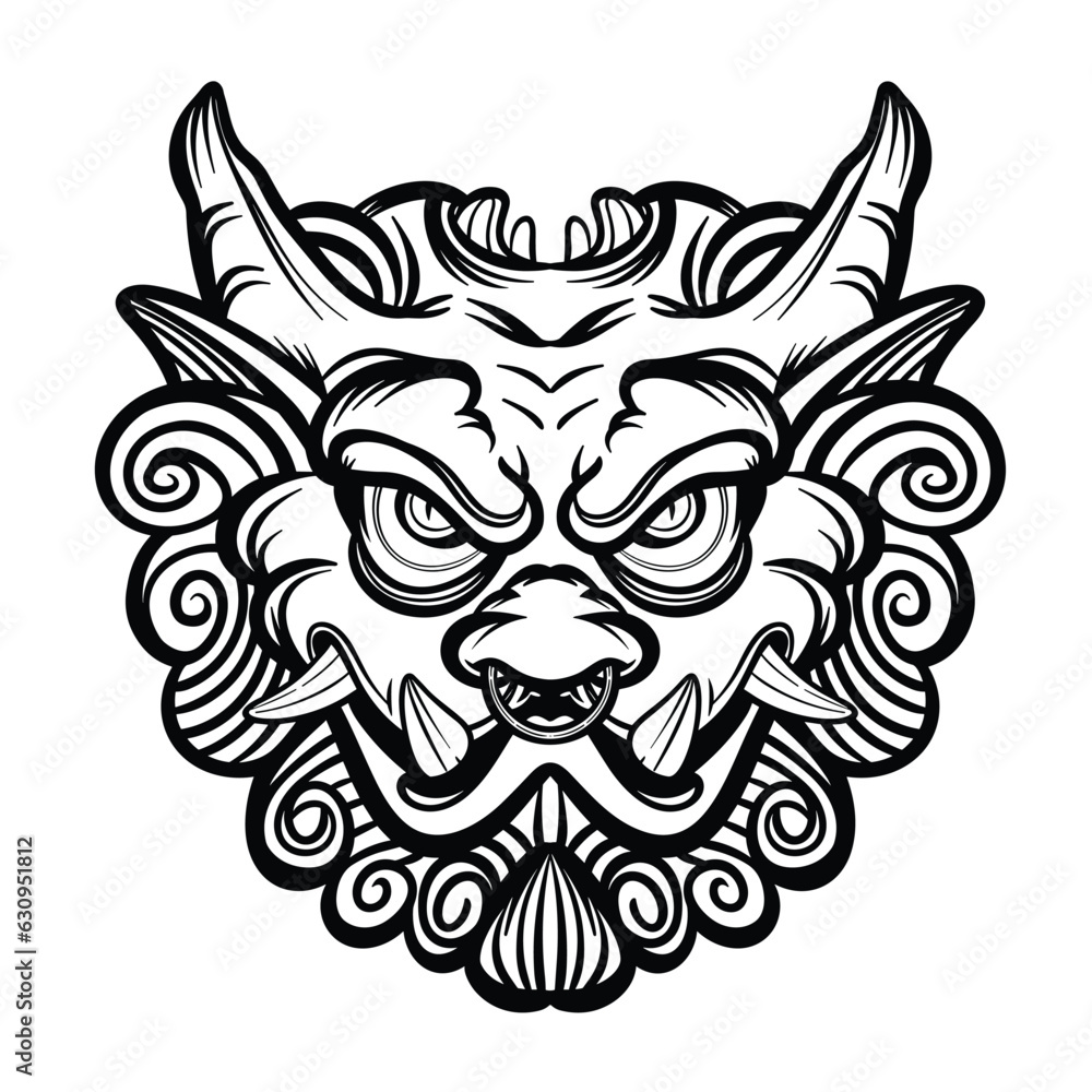 Lion head, dragon head, tattoo design.Hand drawn.