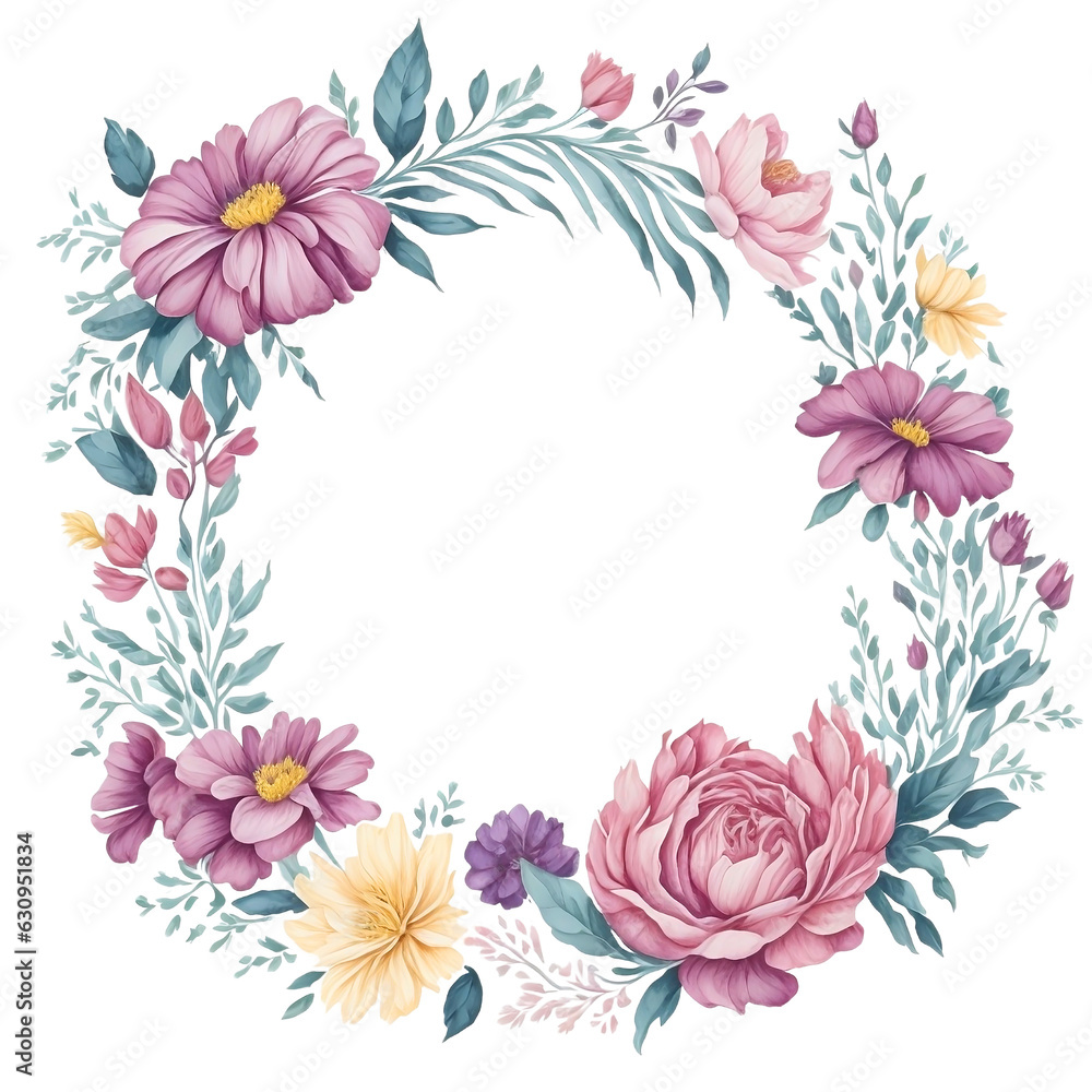 Purple Red Yellow Flower Wreath in Watercolor Style Purple Red Yellow Flower Wreath in Watercolor Style