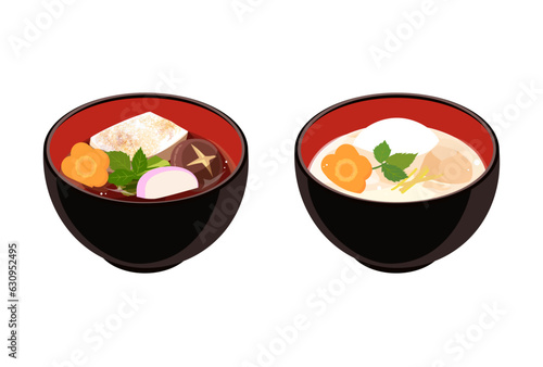関東風と関西風のお雑煮のイラスト