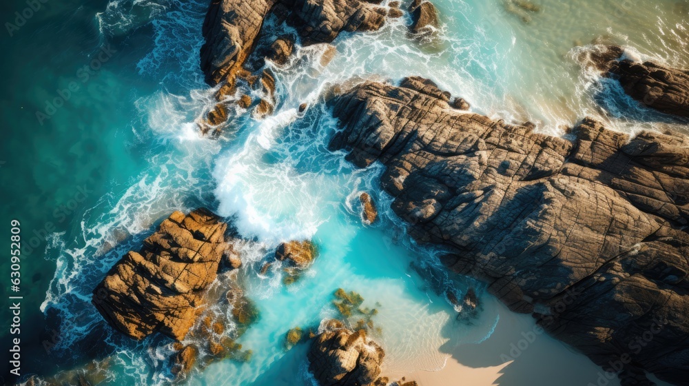 Top down photography of a rock formation at a beach with waves. Generative AI