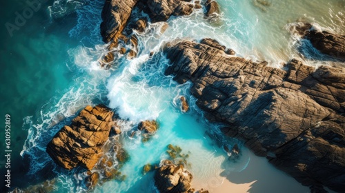 Top down photography of a rock formation at a beach with waves. Generative AI