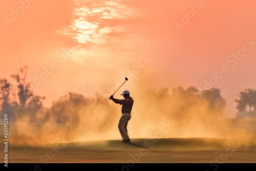 Wallpaper Mural illustrated of Male golf player on professional golf course. Golfer with golf club taking a shot. Golfer hit sweeping driver after hitting golf ball down the fairway with sunrise background. Generativ Torontodigital.ca
