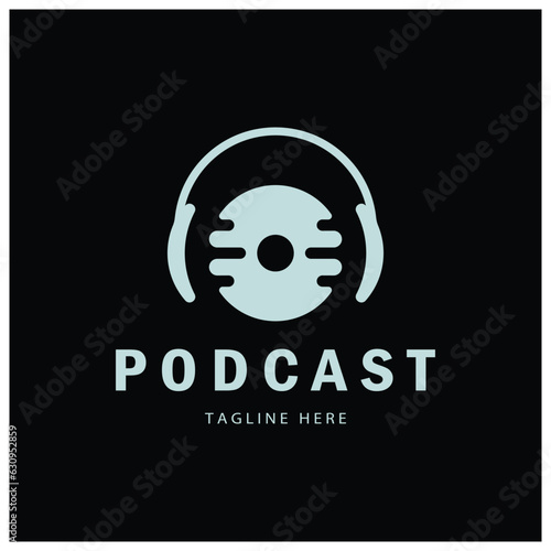 podcast logo with microphone and earphone audio, radio waves. for studio, talk show, chat, information sharing, interview, multimedia and web.