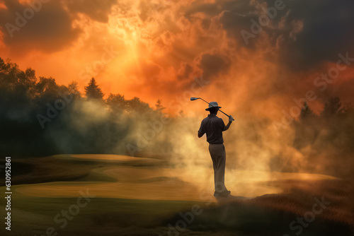 illustrated of Male golf player on professional golf course. Golfer with golf club taking a shot. Golfer hit sweeping driver after hitting golf ball down the fairway with sunrise background. Generativ © Surachetsh