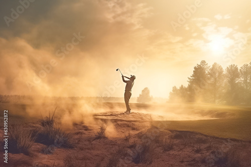 illustrated of Male golf player on professional golf course. Golfer with golf club taking a shot. Golfer hit sweeping driver after hitting golf ball down the fairway with sunrise background. Generativ