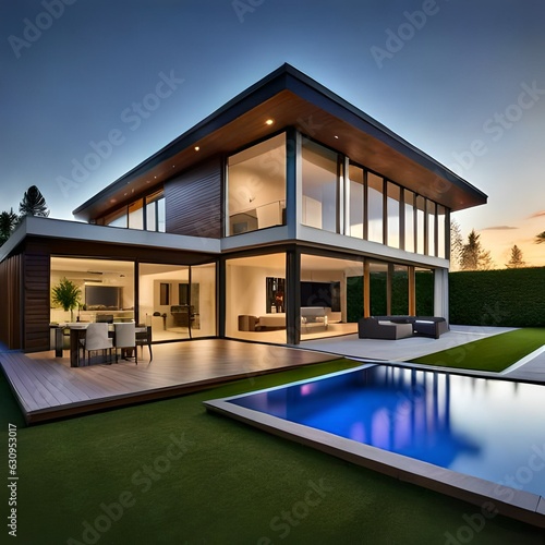Panoramic shot of modern house with outdoor and indoor lighting, at night © Haris