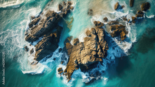 Top down photography of a rock formation at a beach with waves. Generative AI © piai