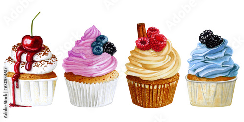 Set of watercolor cupcakes with berries isolated on white background. Hand drawn marker illustration.