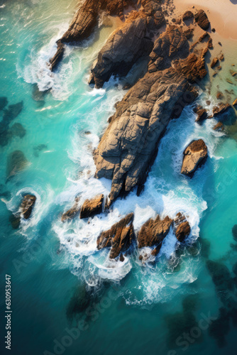 Top down photography of a rock formation at a beach with waves. Generative AI