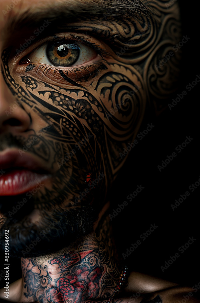Naklejka premium Close-up portrait of a creepy man with facial and body tattoos. Intimidating gang member covered with ornamental tattoos. AI-generated