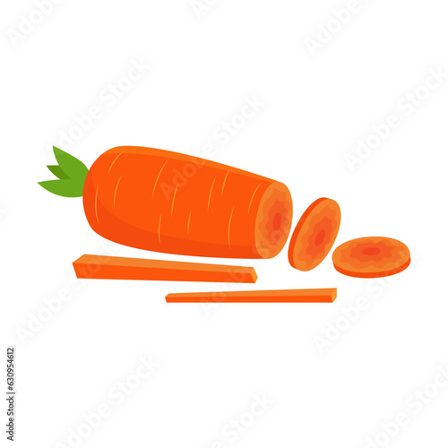 Carrot cut into parts vector illustration. Big carrot cut into long strips and round slices on white background. Cooking, cutting, vegetable concept