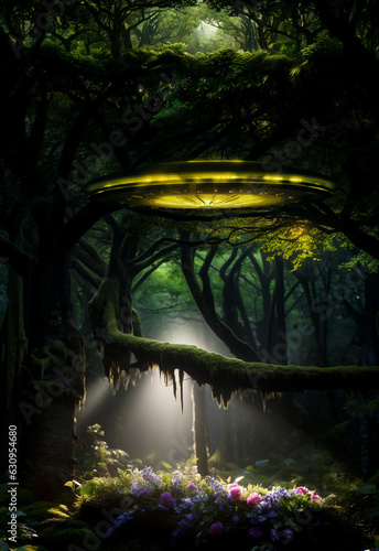 Small UFO glowing with yellow light and hovering in the forest. Round alien aircraft flying in the woods. AI-generated photo