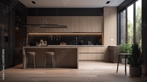 home and interior design creative ideas showcase modern pantry area and cabinet island and stool house beautiful design background daylight wooden colour scheme,ai generate