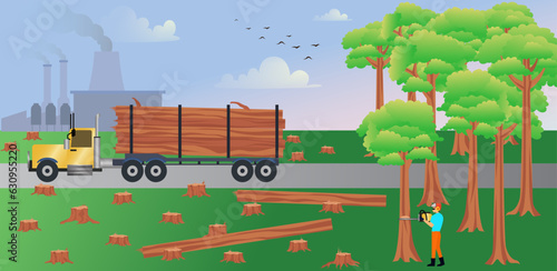 Deforestation and forest devastation concept. deforestation of forests for raw materials for factory and industry, worker cutting down and exploiting trees in the forest
