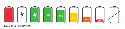 Set of vertical battery level indicators in percentage vector. Battery indicator symbols. 0-100 percent.