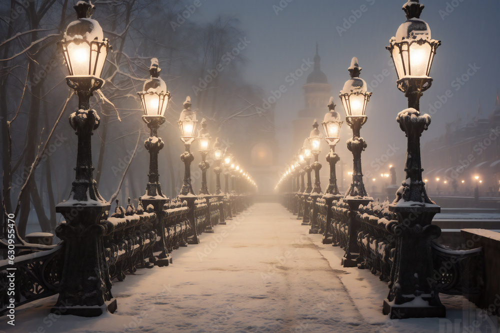 Foggy winter street lights on the embankment in Moscow