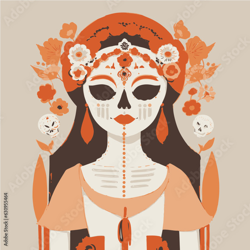 Catrina mexicana con flores color plano vector