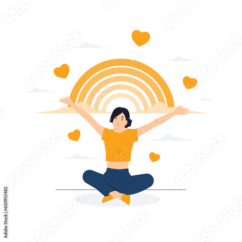 Happy young woman sit with open arms stretched out, lotus pose, the rainbow, creates good vibe, enjoys freedom life. Body positive health care concept illustration