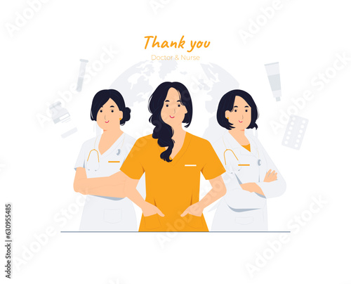 Female doctors nurses, white coat with stethoscope, Group of hospital medical staff standing together with arms crossed. physicians, surgeon, paramedics, Front line heroes concept illustration