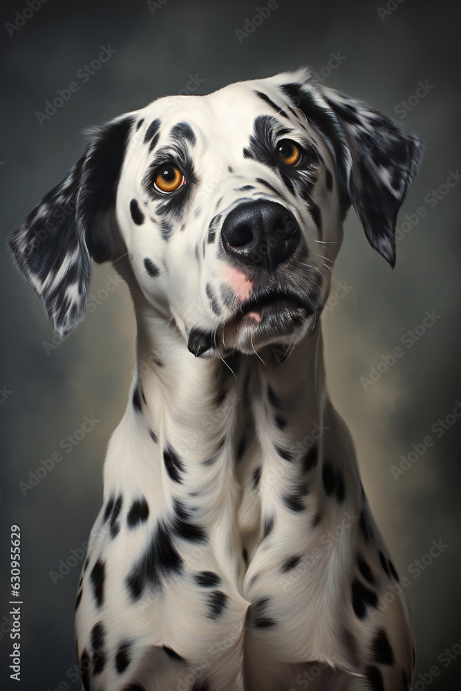 Dalmatian dog portrait on grey background,  Studio shot