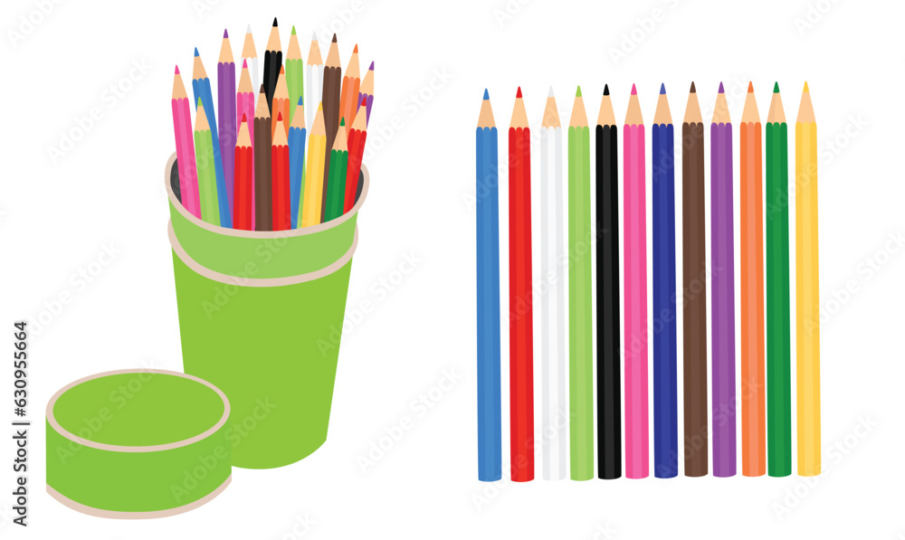 Obraz premium Color pencil box vector set. Back to school concept. School supplies vector. Flat vector isolated on white background. Crayon. Loosely arranged. Learning and education concept. Mess, Bulk, Box.