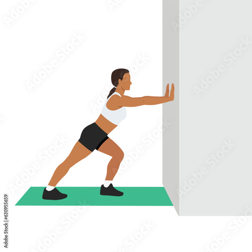 Woman doing straight leg calf stretch exercise. Flat vector illustration isolated on white background
