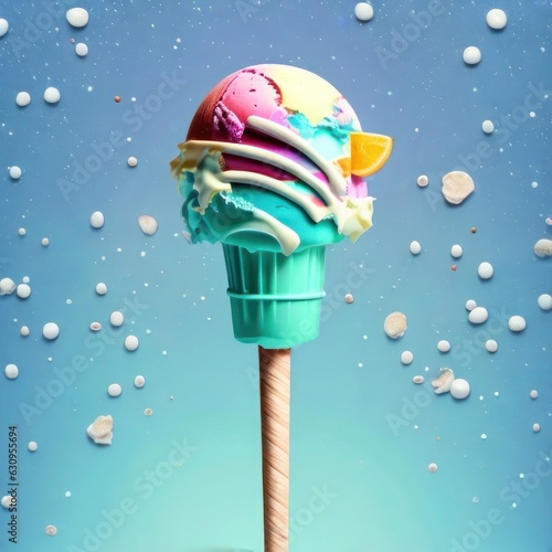 Ice cream dessert on a brright colorful background. Generative AI photo