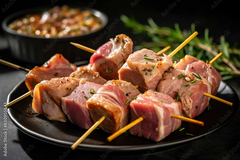 Various raw pork neck skewers are arranged, accompanied by rosemary, sea salt, garlic, and spices. (Generative AI)