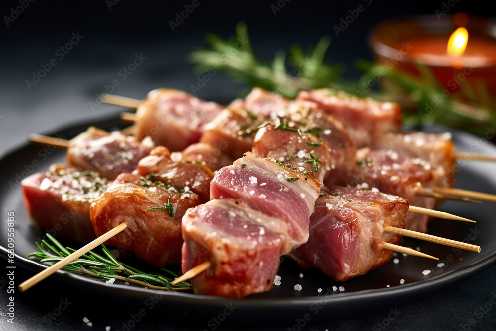Various raw pork neck skewers are arranged on an elegant ceremic plate. (Generative AI)