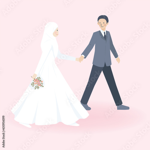 Cute Muslim Couple in wedding dress and wedding suits attire walking together and holding hand, Islamic walima nikah invitation card photo
