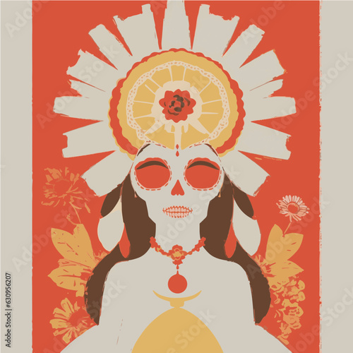 Catrina vector con tocado azteca de la cultura mexicana