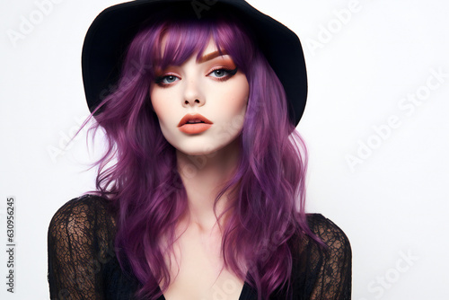 Beautiful young woman with purple hair and black hat, Fashion photo