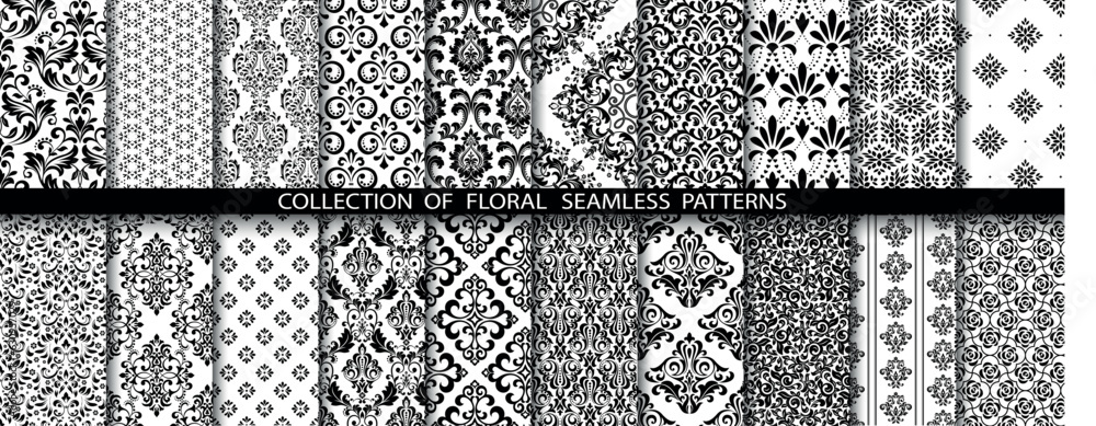 Geometric floral set of seamless patterns. White and black vector backgrounds. Damask graphic ornaments. Geometric floral set of seamless patterns. White and black vector backgrounds. Damask graphic ornaments.