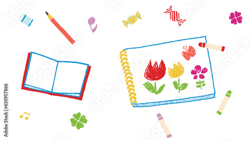 お絵かき帳とクレヨン、ノートと鉛筆、ベクターイラスト