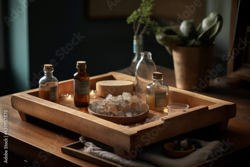Health and massage, skincare, spa or relaxation concept. Candle, spa and relax with aromatherapy treatment in a tray in a room for luxury or wellness on wooden tray. Generative AI Technology