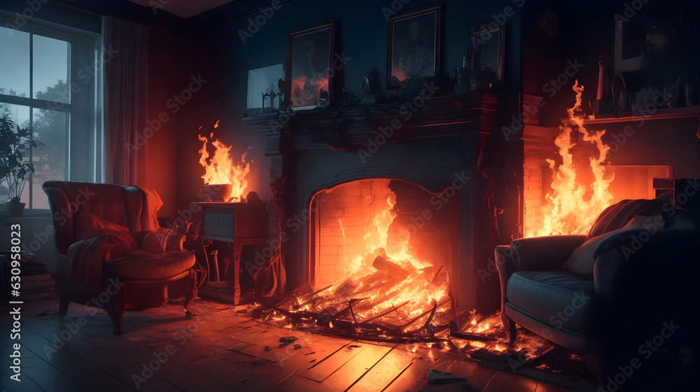 夜にリビングが炎に包まれる、住宅火災|Living room is engulfed in flames at night. House fire. Generative AI 夜にリビングが炎に包まれる、住宅火災|Living room is engulfed in flames at night. House fire. Generative AI