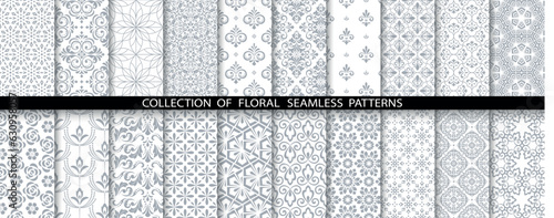 Geometric floral set of seamless patterns. White and gray vector backgrounds. Damask graphic ornaments