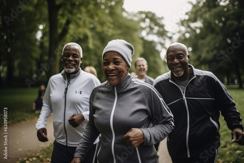 Seniors jogging in a park in a city
