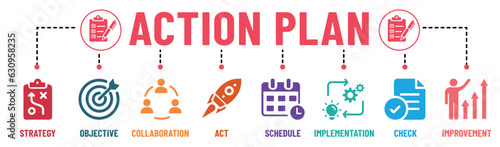 Action plan infographic banner solid icons set. Action, planning, collaboration, strategy, tasks, goal, and analysis. Vector Illustration
